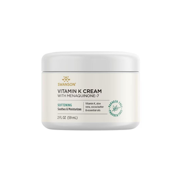 A 2 fl oz (59 ml) jar of Swanson Vitamin K Cream with Menaquinone-7, featuring soothing aloe vera, softening and moisturizing properties, and is paraben free.